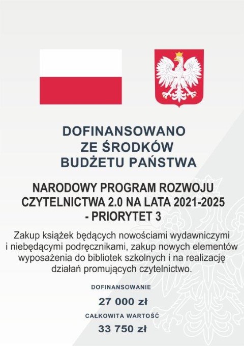 flaga i godło polskie na szarym tleinformacja dotycząca dofinansowania z Narodowego Programu Rozwoju Czytelnictwa